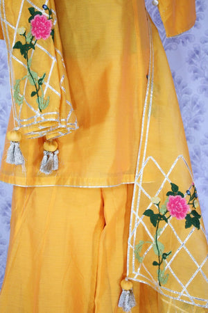Beautiful yellow embroidered sharara suit with dupatta buy online in USA. A stunning choice for a striking ethnic Indian look at special occasions. Add latest Indian designer suits to your ethnic wardrobe available at Pure Elegance Clothing store in USA for women.-details