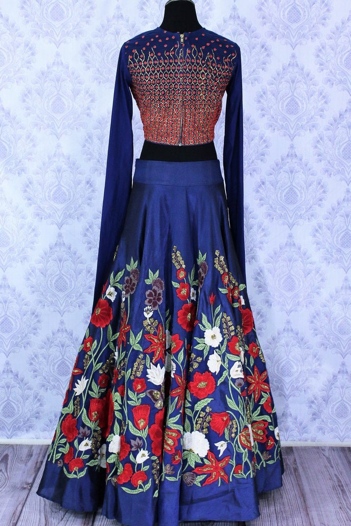 Beautiful blue embroidered designer lehenga buy online in USA. A stunning choice for a striking ethnic Indian look at weddings and special occasions. Dazzle in latest Indian wedding lehengas available at Pure Elegance Clothing store in USA for women.-back