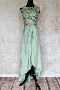 Buy pastel green embroidered Indowestern silk dress online in USA. Make your Indian clothing collection exquisite with beautiful Indian designer dresses available at Pure Elegance clothing store in USA or shop online.-full view