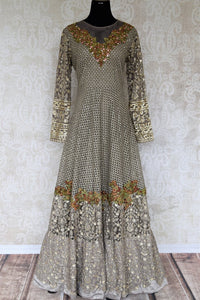 Buy grey thread embroidery net designer Anarkali suit online in USA. Make your Indian clothing collection exquisite with beautiful Indian designer Anarkali suits available at Pure Elegance clothing store in USA or shop online.-full view