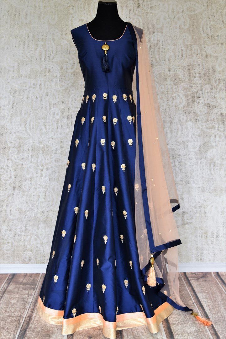 Buy blue thread embroidery silk Anarkali suit online in USA. Make your Indian clothing collection exquisite with beautiful Indian designer Anarkali suits available at Pure Elegance clothing store in USA or shop online.-full view