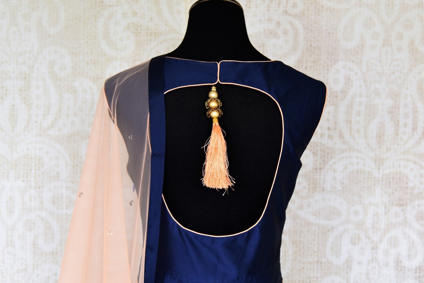 Buy blue thread embroidery silk Anarkali suit online in USA. Make your Indian clothing collection exquisite with beautiful Indian designer Anarkali suits available at Pure Elegance clothing store in USA or shop online.-suit back