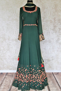 Buy dark green embroidered chiffon georgette Anarkali suit online in USA with dupatta. Make your Indian clothing collection exquisite with beautiful Indian designer dresses, Anarkali suits available at Pure Elegance clothing store in USA or shop online.-full view