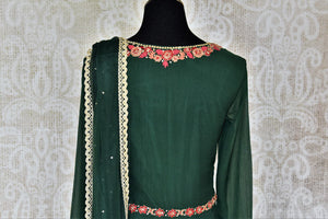 Buy dark green embroidered chiffon georgette Anarkali suit online in USA with dupatta. Make your Indian clothing collection exquisite with beautiful Indian designer dresses, Anarkali suits available at Pure Elegance clothing store in USA or shop online.-suit back
