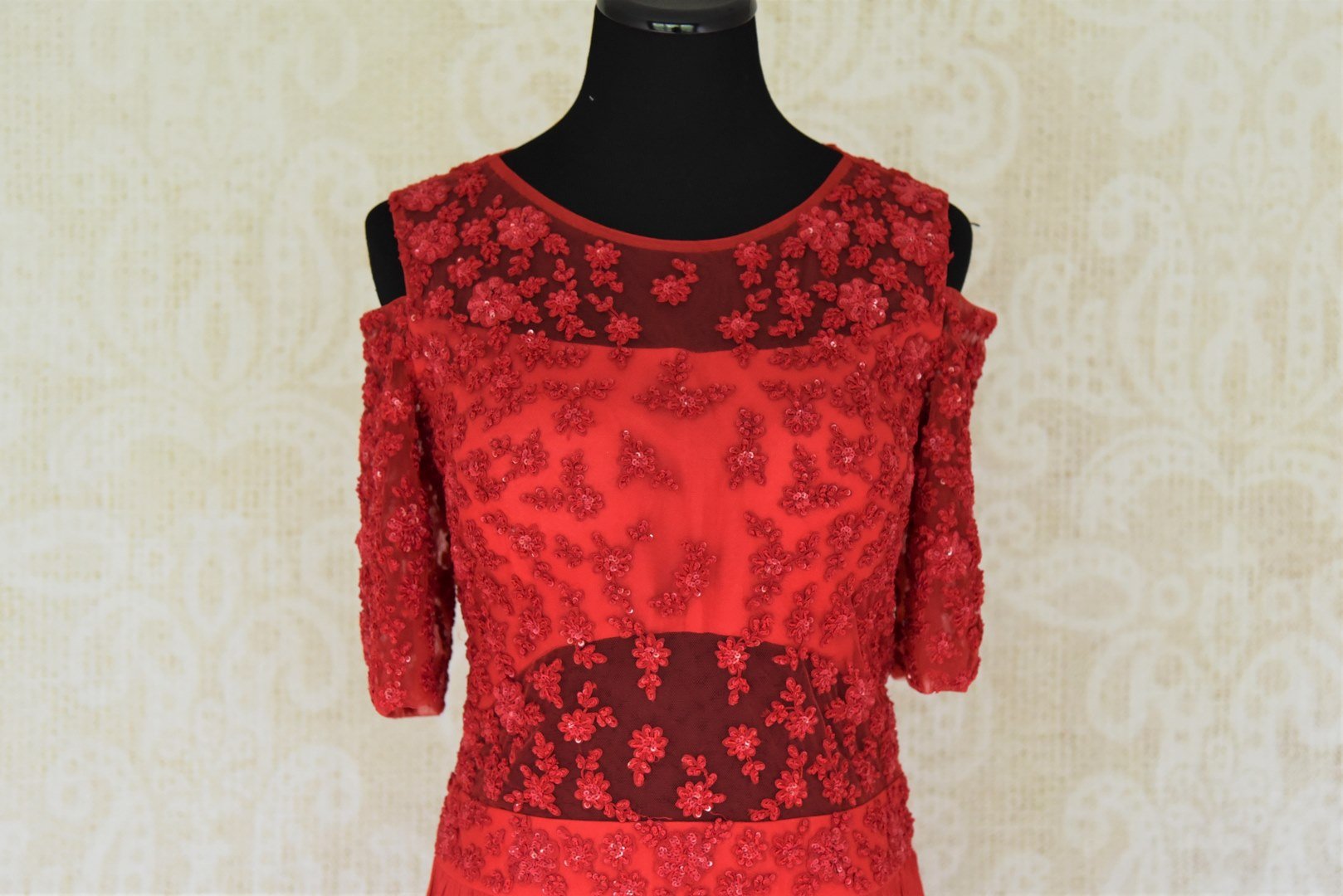 Buy red embroidered georgette dress online in USA. Add style to your look with Indian designer dresses available at Pure Elegance Indian fashion store in USA or shop online.-front