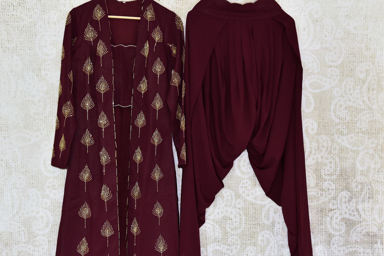 Buy wine color georgette suit with hand embroidery online in USA. If you are fond of Indian fashion then you must visit Pure Elegance Indian clothing store in USA. We have a splendid collection of Indian designer dresses, Indowestern dresses and clothing here for you on our shelves. -full view 2