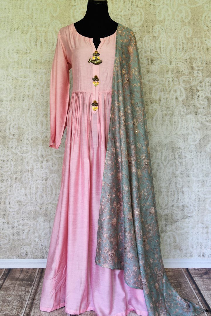 Buy elegant pastel pink chanderi silk dress online in USA with dupatta. If you are fond of Indian fashion then you must visit Pure Elegance Indian clothing store in USA. We have a splendid collection of Indian designer dresses, Indowestern dresses and clothing here for you on our shelves. -full view