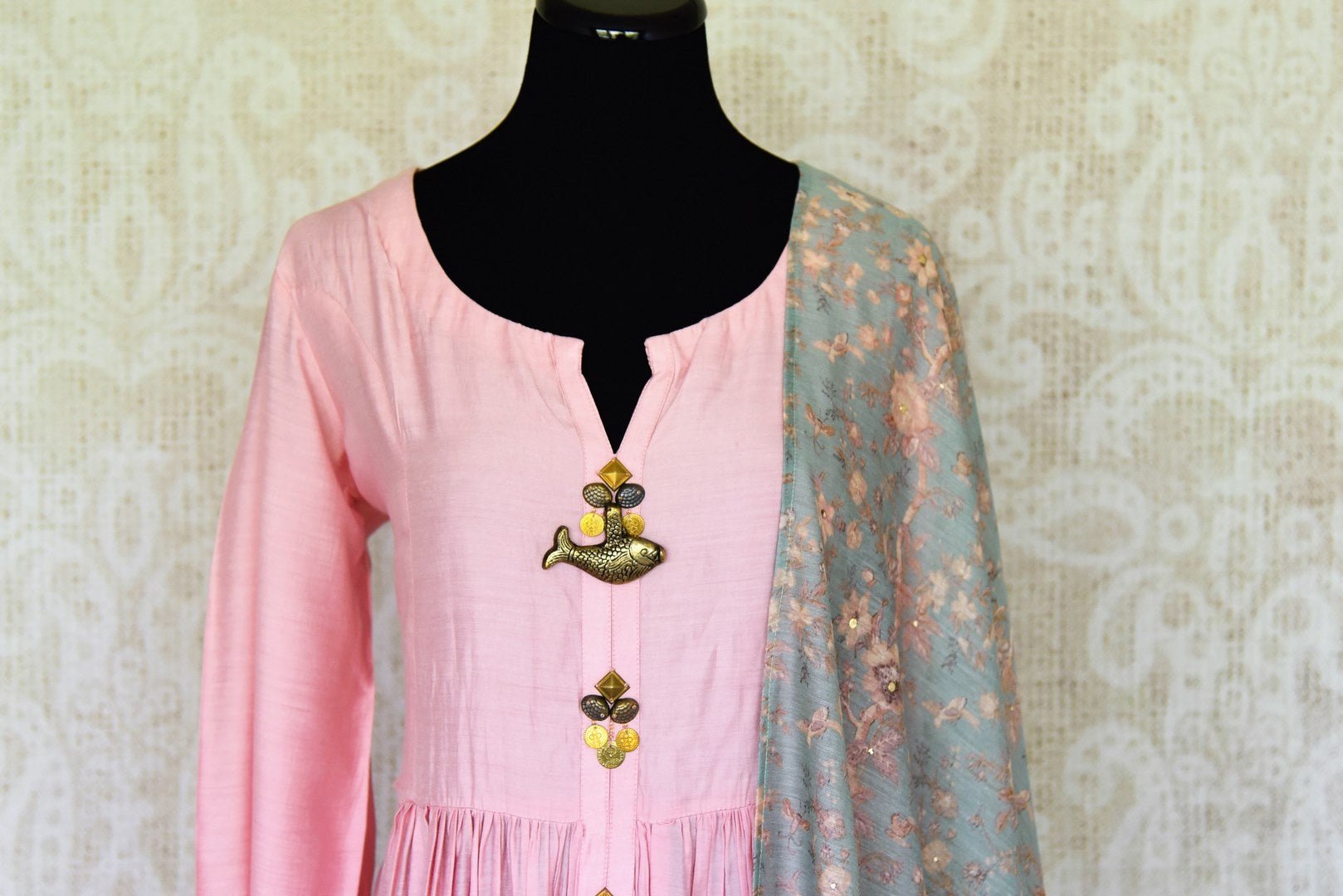 Buy elegant pastel pink chanderi silk dress online in USA with dupatta. If you are fond of Indian fashion then you must visit Pure Elegance Indian clothing store in USA. We have a splendid collection of Indian designer dresses, Indowestern dresses and clothing here for you on our shelves. -front