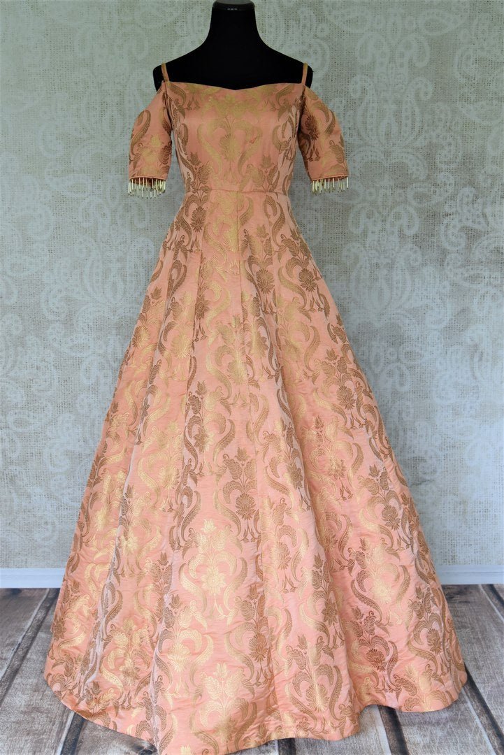Buy beautiful peach Banarasi silk designer gown online in USA. Add brilliance to your Indian look with alluring Indian designer wedding dresses available at Pure Elegance Indian clothing store for women in USA or shop online.-full view
