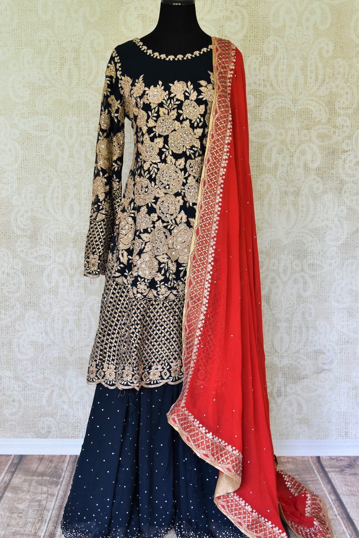 Buy beautiful black embroidered georgette suit online in USA with dupatta. If you are fond of Indian fashion then you must visit Pure Elegance Indian clothing store in USA. We have a splendid collection of Indian designer dresses, Indowestern dresses and clothing here for you on our shelves. -full view