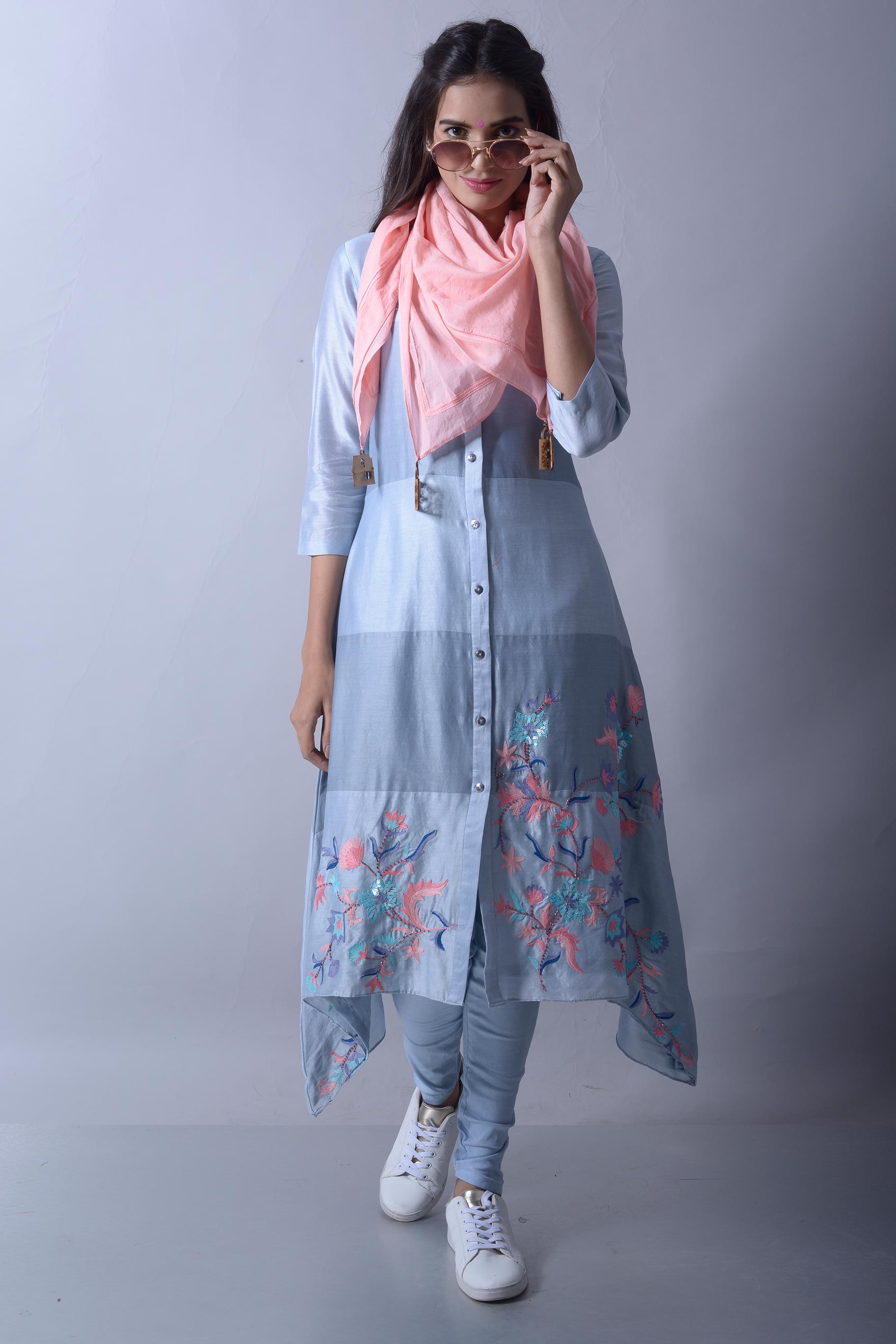 Buy island blue embroidered chanderi kurta online in USA with stretch pants. To buy more such exquisite Indowestern dresses in USA, shop at Pure Elegance Indian fashion store in USA or shop online.-full view
