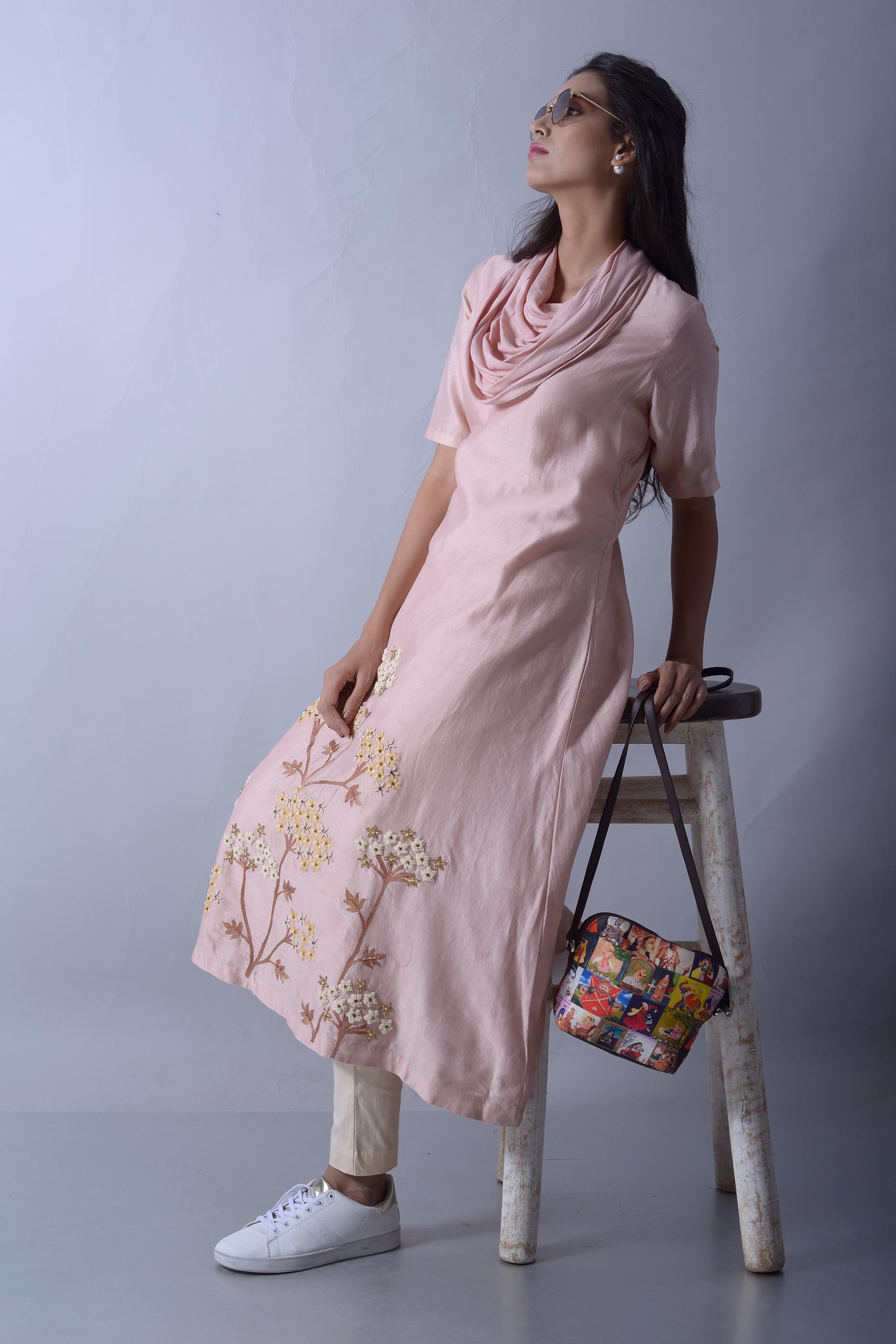 Buy hazelnut resham embroidery chanderi kurta with pants online in USA. To buy more such exquisite Indian designer dresses in USA, shop at Pure Elegance Indian fashion store for women in USA or shop online.-full view