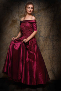 501829D Wine Color Embroidered Off Shoulder Designer Bridal Gown