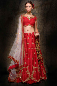 Buy rose red raw silk embroidered lehenga with dupatta online in USA. Make your wedding trousseau complete with exquisite Indian designer wedding lehengas from Pure Elegance Indian clothing store for women in USA or shop online.-full view