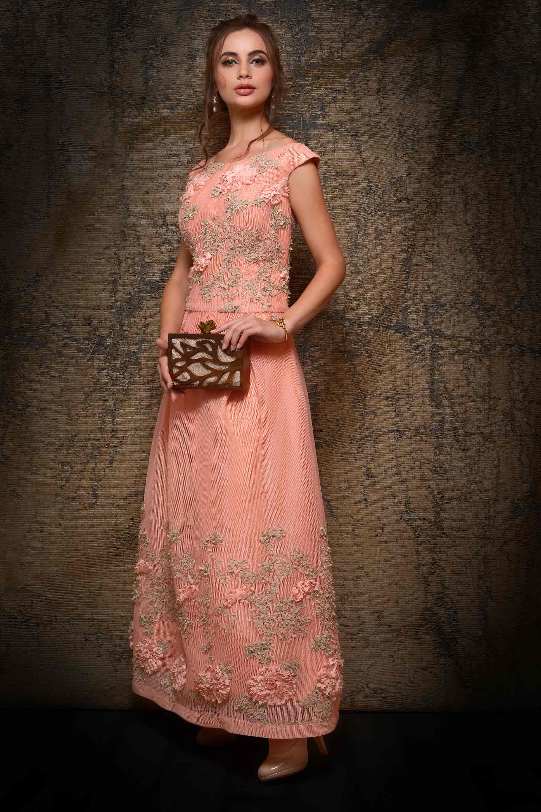 Shop elegant peach neoprene designer dress online in USA. Make your Indian look stylish with exquisite Indian designer dresses from Pure Elegance Indian clothing store for women in USA or shop online.-full view