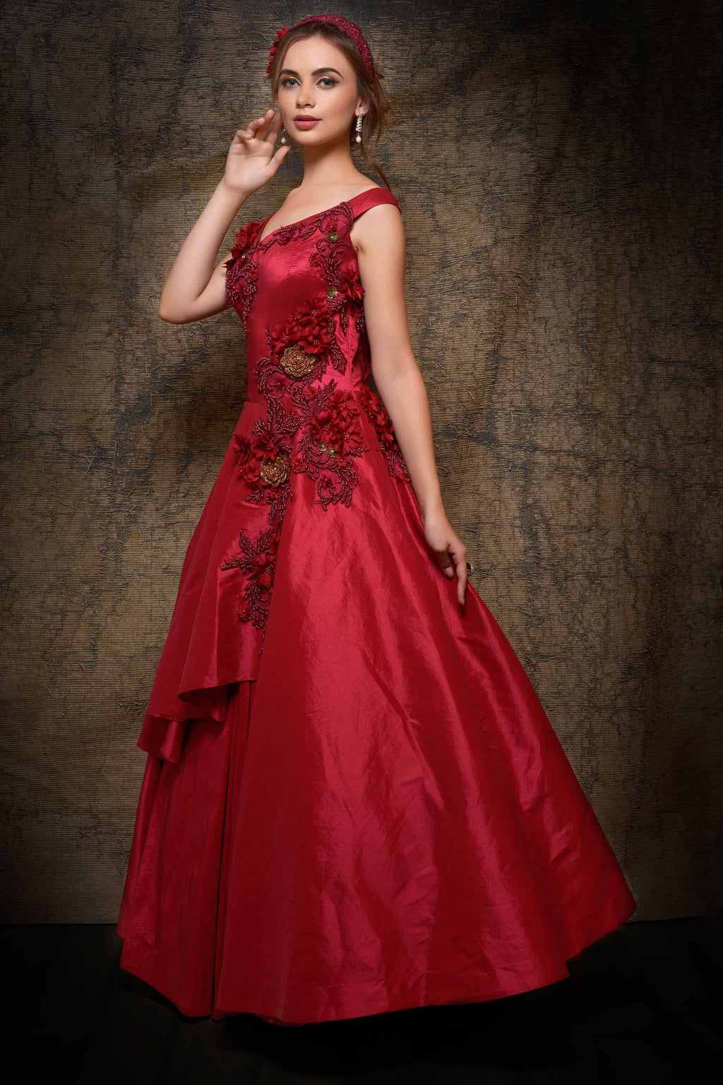 Shop rose red embroidered satin silk designer gown online in USA. Make your Indian look stylish with exquisite Indian designer dresses from Pure Elegance Indian clothing store for women in USA or shop online.-full view