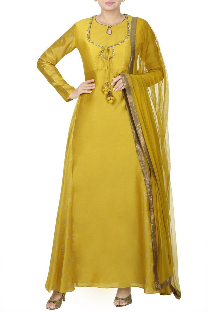 Buy designer yellow embroidered Anarkali suit online in USA with net dupatta. Add elegance to your ethnic look with exquisite Indian designer suits available at Pure Elegance Indian clothing store in USA or shop online.-full view