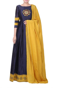 Buy designer deep blue embroidered Anarkali suit online in USA with mustard yellow dupatta. Add elegance to your ethnic look with exquisite Indian designer suits, Indian dresses available at Pure Elegance clothing store in USA or shop online.-full view
