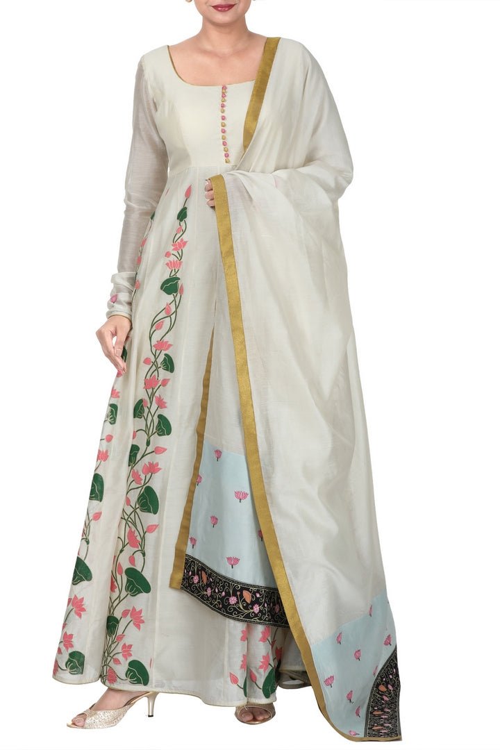 Buy elegant white floral print Anarkali suit online in USA with dupatta. Add elegance to your ethnic look with exquisite Indian designer suits, Indian dresses available at Pure Elegance clothing store in USA or shop online.-full view
