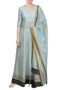 Buy elegant pastel blue Anarkali suit online in USA with dupatta and grey pants. Add elegance to your ethnic look with exquisite Indian designer suits, Indian party dresses available at Pure Elegance clothing store in USA or shop online.-full view