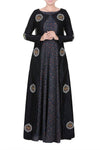 Buy blue ajrakh print chanderi Anarkali online in USA with ajrakh applique cape. Add elegance to your ethnic look with exquisite Indian designer suits, Indian party dresses available at Pure Elegance clothing store in USA or shop online.-full view