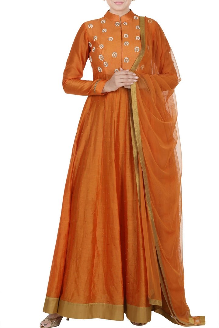 Buy orange embroidered kora chanderi Anarkali suit online in USA with matching dupatta. Add elegance to your ethnic look with exquisite Indian designer suits, Anarkali suits available at Pure Elegance clothing store in USA or shop online.-full view