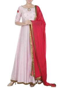 Shop pastel pink embroidered Anarkali suit online in USA with hot pink dupatta. Add elegance to your ethnic look with exquisite Indian designer suits, Anarkali suits available at Pure Elegance clothing store in USA or shop online.-full view