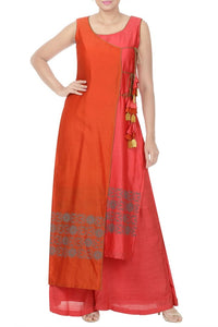 Buy rust orange and rouge pink kora chanderi angrakha style asymmetric tunic with palazzo online in USA. Take your Indian style a notch up with exquisite Indian designer suits, Salwar suits available at Pure Elegance clothing store in USA or shop online.-full view