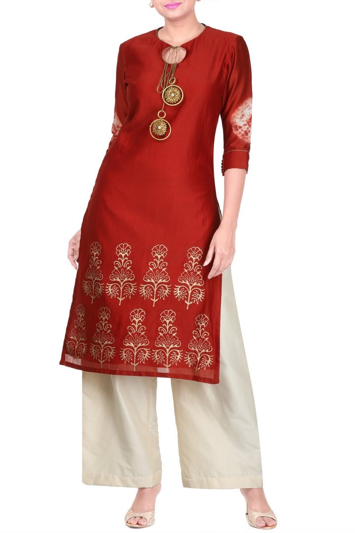 Buy maroon terracota spider web kurti with pants online in USA. Take your Indian style a notch up with exquisite Indian designer suits, Salwar suits available at Pure Elegance clothing store in USA or shop online.-full view