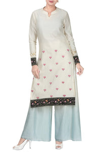 Buy white kora chanderi kurti with pastel blue palazzo online in USA. Take your Indian style a notch up with exquisite Indian designer suits, Salwar suits available at Pure Elegance clothing store in USA or shop online.-full view