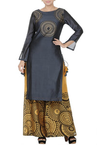 Buy dark blue block print kurti with yellow palazzo online in USA. Take your Indian style a notch up with exquisite Indian designer suits, Salwar suits available at Pure Elegance clothing store in USA or shop online.-full view