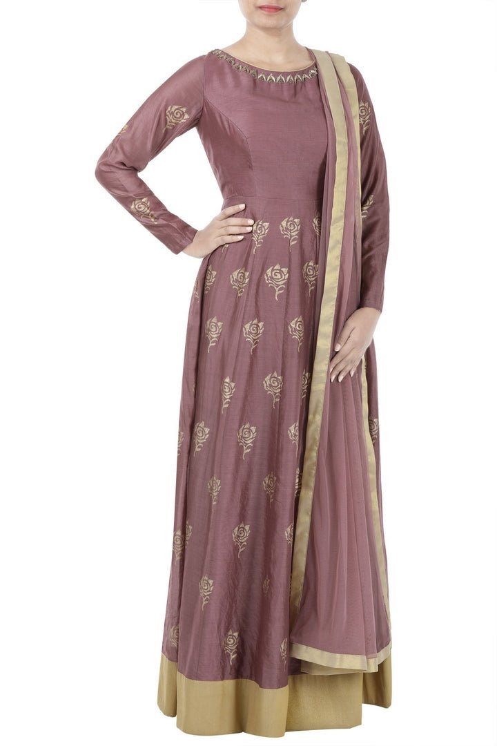 Buy rich raisin embroidered chanderi Anarkali suit online in USA with net dupatta. Add elegance to your ethnic look with exquisite Indian designer suits, Anarkali suits, Indian dresses available at Pure Elegance clothing store in USA or shop online.-full view