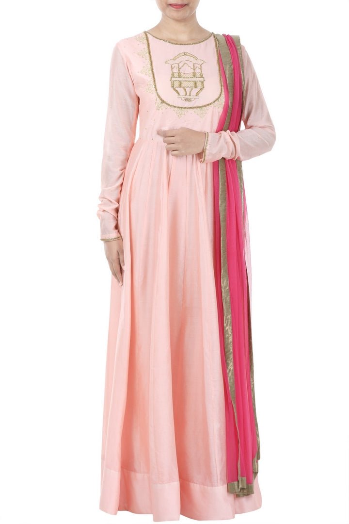 Buy peaching pink zardozi embroidery chanderi Anarkali suit online in USA with hot pink  dupatta. Bring glamor to your Indian style with exquisite Indian designer suits, Anarkali suits, Indian dresses available at Pure Elegance clothing store in USA or shop online.-full view