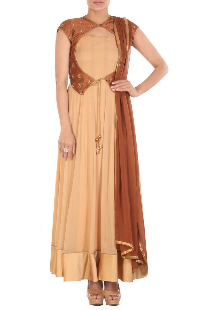 Buy gorgeous beige and brown Anarkali suit online in USA with embroidered waist coat. Bring glamor to your Indian style with exquisite Indian designer suits, Anarkali suits, Indian dresses available at Pure Elegance clothing store in USA or shop online.-full view