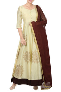 Buy ivory kora chanderi Anarkali suit online in USA with dupatta. Bring glamor to your Indian style with exquisite Indian designer suits, Anarkali suits, Indian dresses available at Pure Elegance clothing store in USA or shop online.-full view