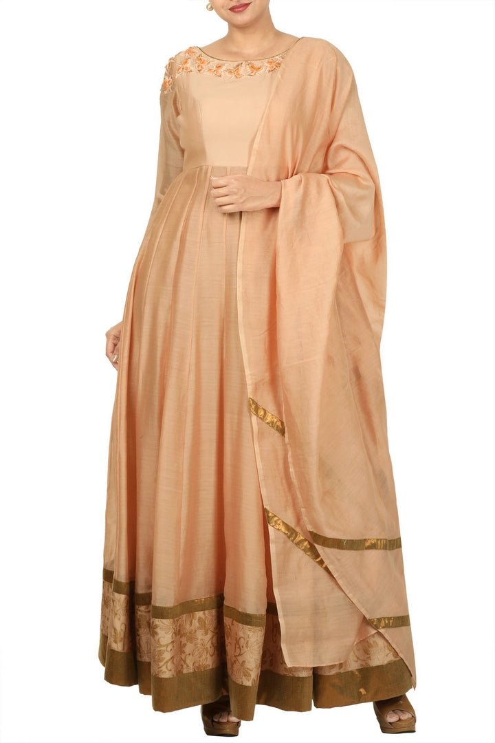 Buy stunning peach Anarkali suit with matching dupatta online in USA. Bring glamor to your Indian style with exquisite Indian designer suits, Anarkali suits, Indian party dresses available at Pure Elegance clothing store in USA or shop online.-full view