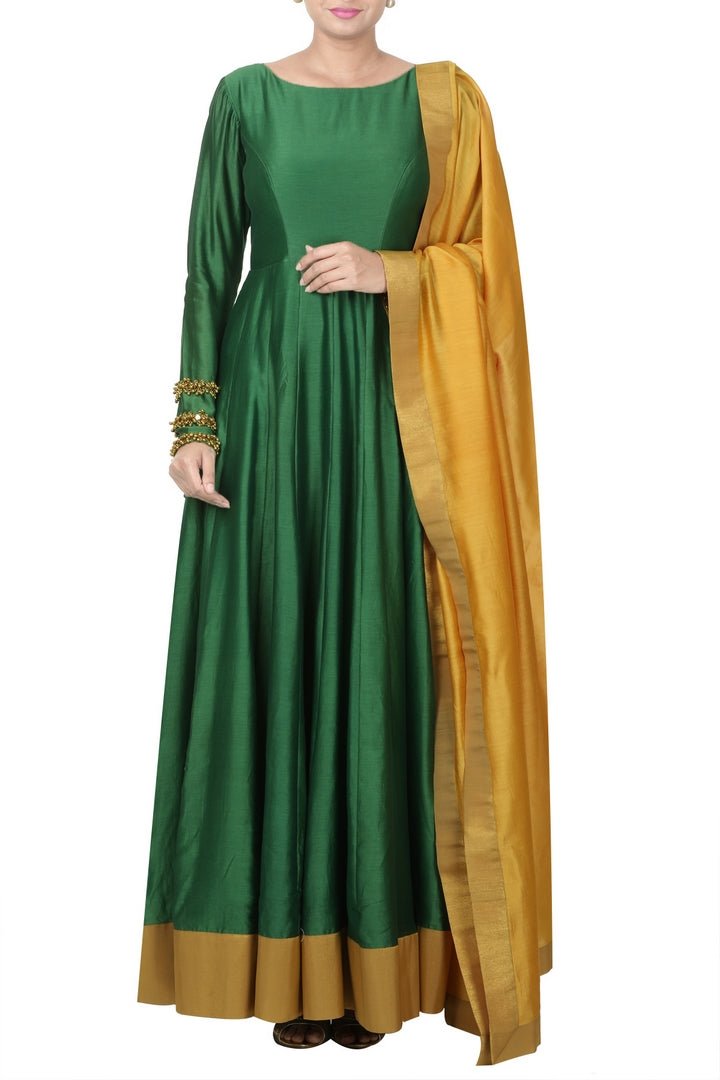 Buy bottle green Anarkali suit with ghungroo embroidery online in USA. Bring glamor to your Indian style with exquisite Indian designer suits, Anarkali suits, Indian party dresses available at Pure Elegance clothing store in USA or shop online.-full view