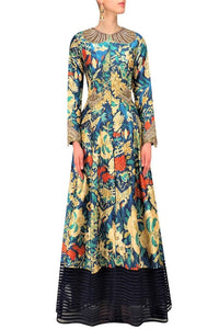 Buy navy blue long printed jacket online in USA with palazzo pants. Be the talk of the town in fashionable designer dresses, gowns, Indowestern dresses from Pure Elegance clothing store in USA or shop online.-full view