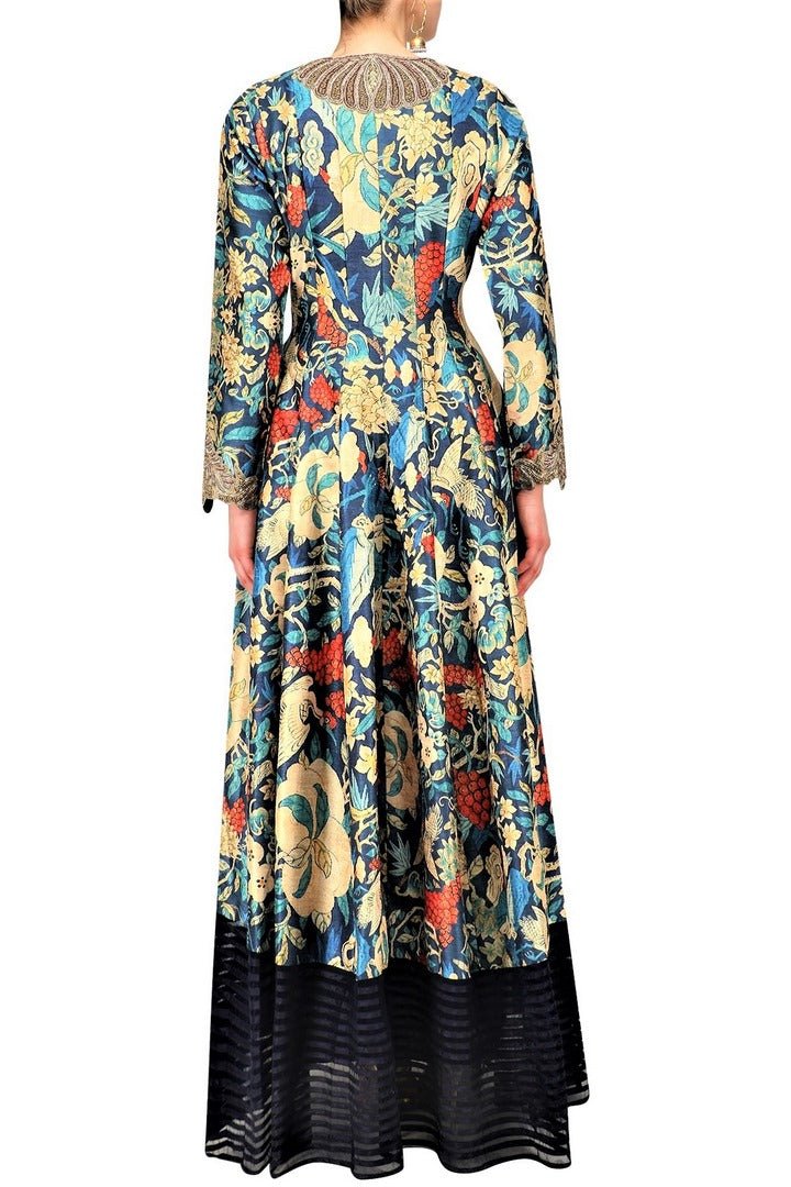 Buy navy blue long printed jacket online in USA with palazzo pants. Be the talk of the town in fashionable designer dresses, gowns, Indowestern dresses from Pure Elegance clothing store in USA or shop online.-back