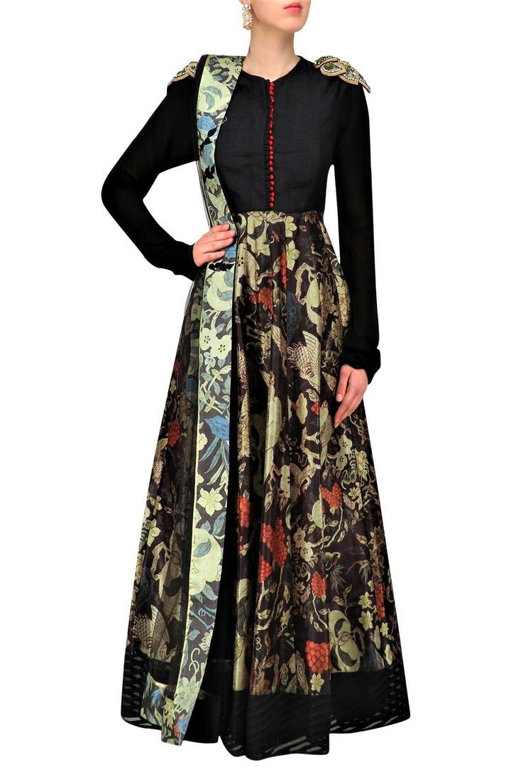 Buy elegant black printed Anarkali online in USA with shoulder embroidery. Be the talk of the town in fashionable designer dresses, gowns, Indowestern dresses from Pure Elegance clothing store in USA or shop online.-full view