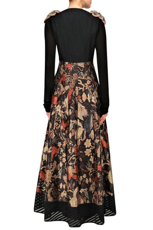 Buy elegant black printed Anarkali online in USA with shoulder embroidery. Be the talk of the town in fashionable designer dresses, gowns, Indowestern dresses from Pure Elegance clothing store in USA or shop online.-back