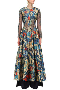 Buy beautiful blue printed Anarkali style jacket online in USA with palazzo. Be the talk of the town in fashionable designer dresses, gowns, Indowestern dresses from Pure Elegance clothing store in USA or shop online.-full view