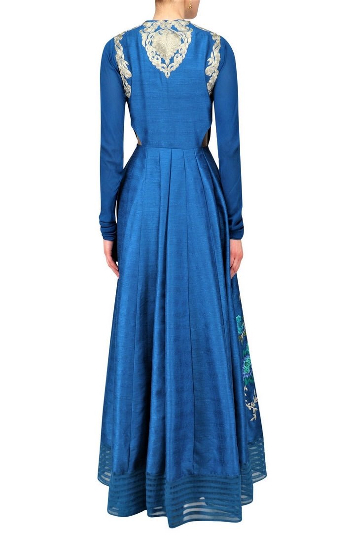 Shop teal embroidered kurta online in USA with palazzo pants. Be the talk of the town in fashionable designer dresses, gowns, Indowestern dresses from Pure Elegance clothing store in USA or shop online.-back