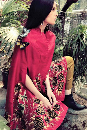 Buy dark red embroidered silk butterfly front open cape with pants online in USA. Stay updated with latest trends and styles with designer dresses, gowns, Indowestern dresses from Pure Elegance clothing store in USA or shop online.-sitting pose