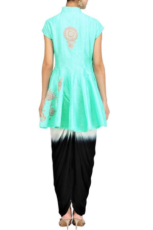 Buy turquoise blue gota patti jacket with dhoti pants online in USA. Stay updated with latest trends and styles with designer dresses, gowns, Indowestern dresses from Pure Elegance clothing store in USA or shop online.-back