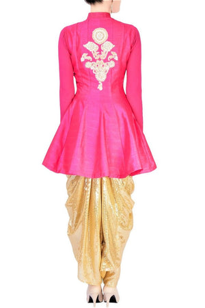Buy bright pink gota patti jacket with gold sequined dhoti pants online in USA. Stay updated with latest trends and styles with designer dresses, gowns, Indowestern dresses from Pure Elegance clothing store in USA or shop online.-back