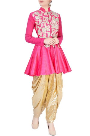 Buy bright pink gota patti jacket with gold sequined dhoti pants online in USA. Stay updated with latest trends and styles with designer dresses, gowns, Indowestern dresses from Pure Elegance clothing store in USA or shop online.-side view