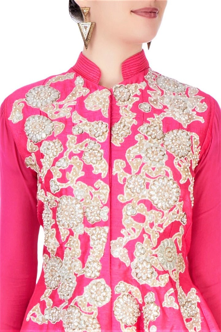 Buy bright pink gota patti jacket with gold sequined dhoti pants online in USA. Stay updated with latest trends and styles with designer dresses, gowns, Indowestern dresses from Pure Elegance clothing store in USA or shop online.-closeup