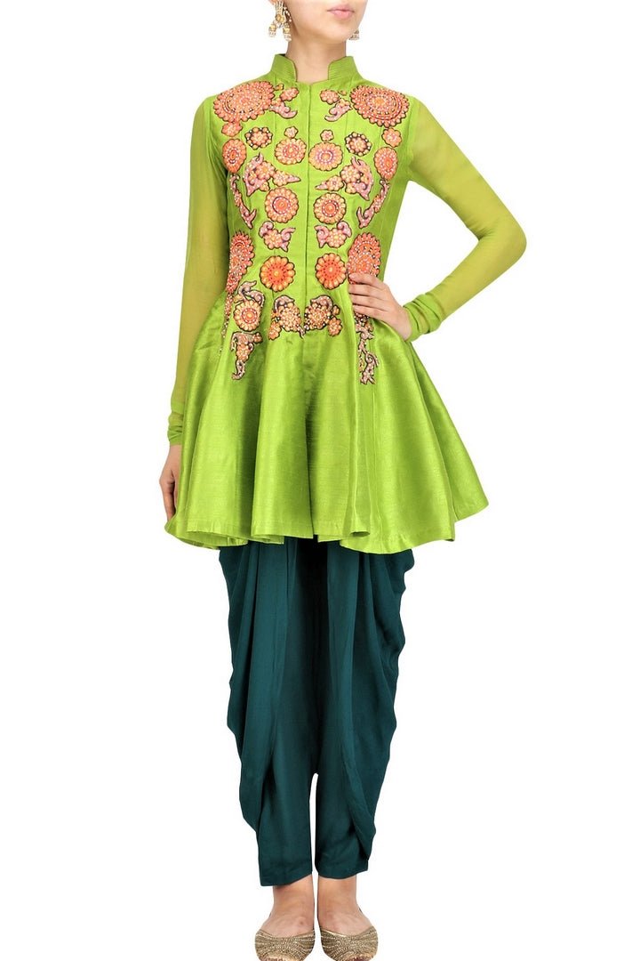 Buy lime green silk gota patti embroidery  jacket with dhoti pants online in USA. Stay updated with latest trends and styles with designer dresses, gowns, Indowestern dresses from Pure Elegance clothing store in USA or shop online.-full view