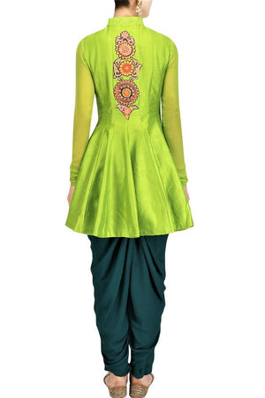 Buy lime green silk gota patti embroidery  jacket with dhoti pants online in USA. Stay updated with latest trends and styles with designer dresses, gowns, Indowestern dresses from Pure Elegance clothing store in USA or shop online.-back
